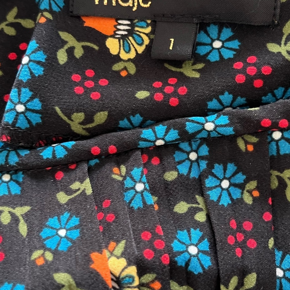 SOLD Maje Rockina Pleated Long Sleeve Floral Mini Dress Black Blue Green Small - Picture 9 of 12
